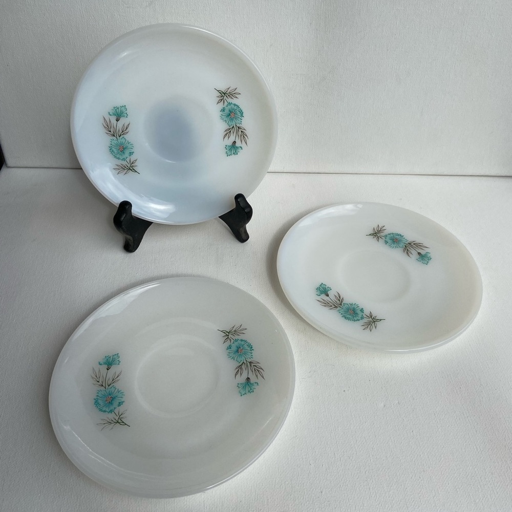 Fire King Bonnie Blue Tea Cup Saucers Set of 3